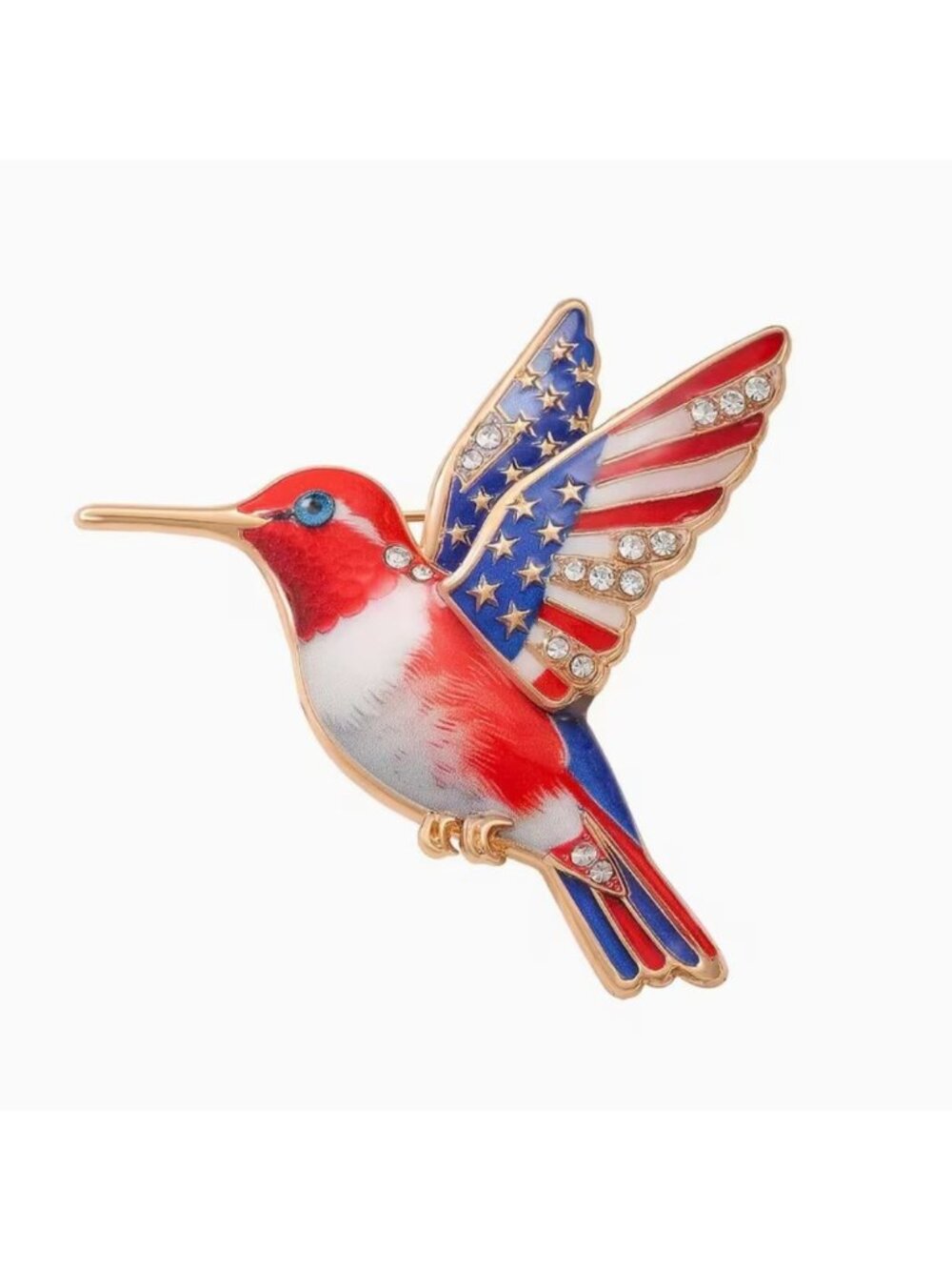 Patriotic Enamel Hummingbird Brooch With American Flag Wings & Crystal Accents